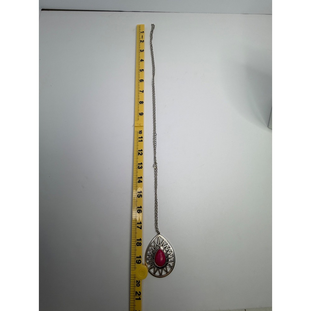 Boho Silver Tone Pink Faux Stone Teardrop Pendant Long Chain Necklace Statement - Picture 5 of 6